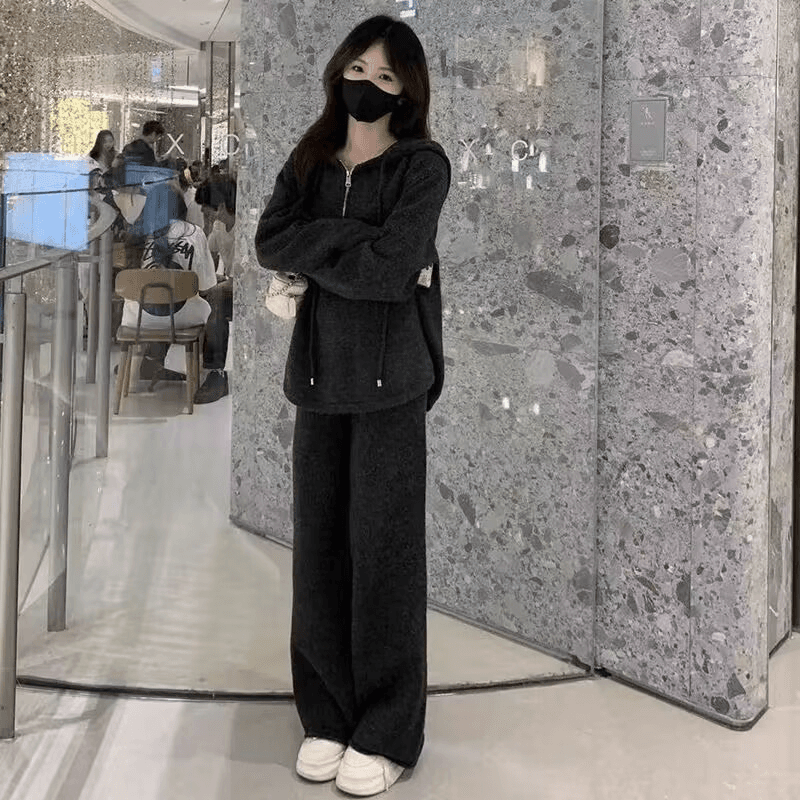 패션 캐주얼 세트 여성 이른 가을 새로운 슬림해 보이는 표지 배 후드 티 스웨터 와이드 레그 팬츠 투피스 세트 트렌디 885 이미지 3
