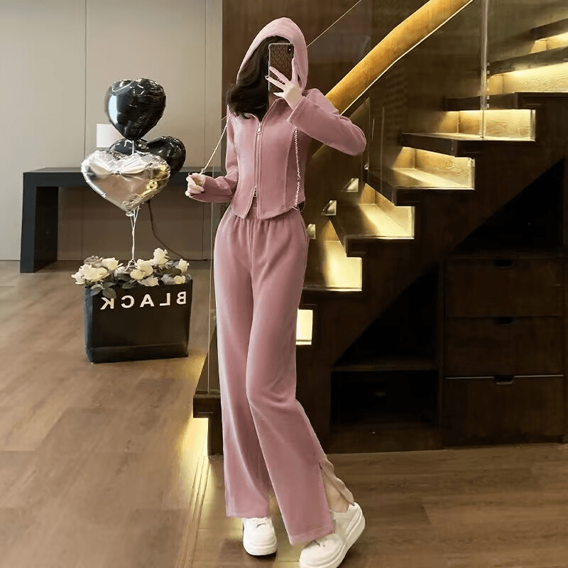 캐주얼 세트 여성 이른 가을 2026 새로운 핑크색 소금 부서 연령 감소 품격 후드티 웨이 바지 투피스 세트 882 이미지 3