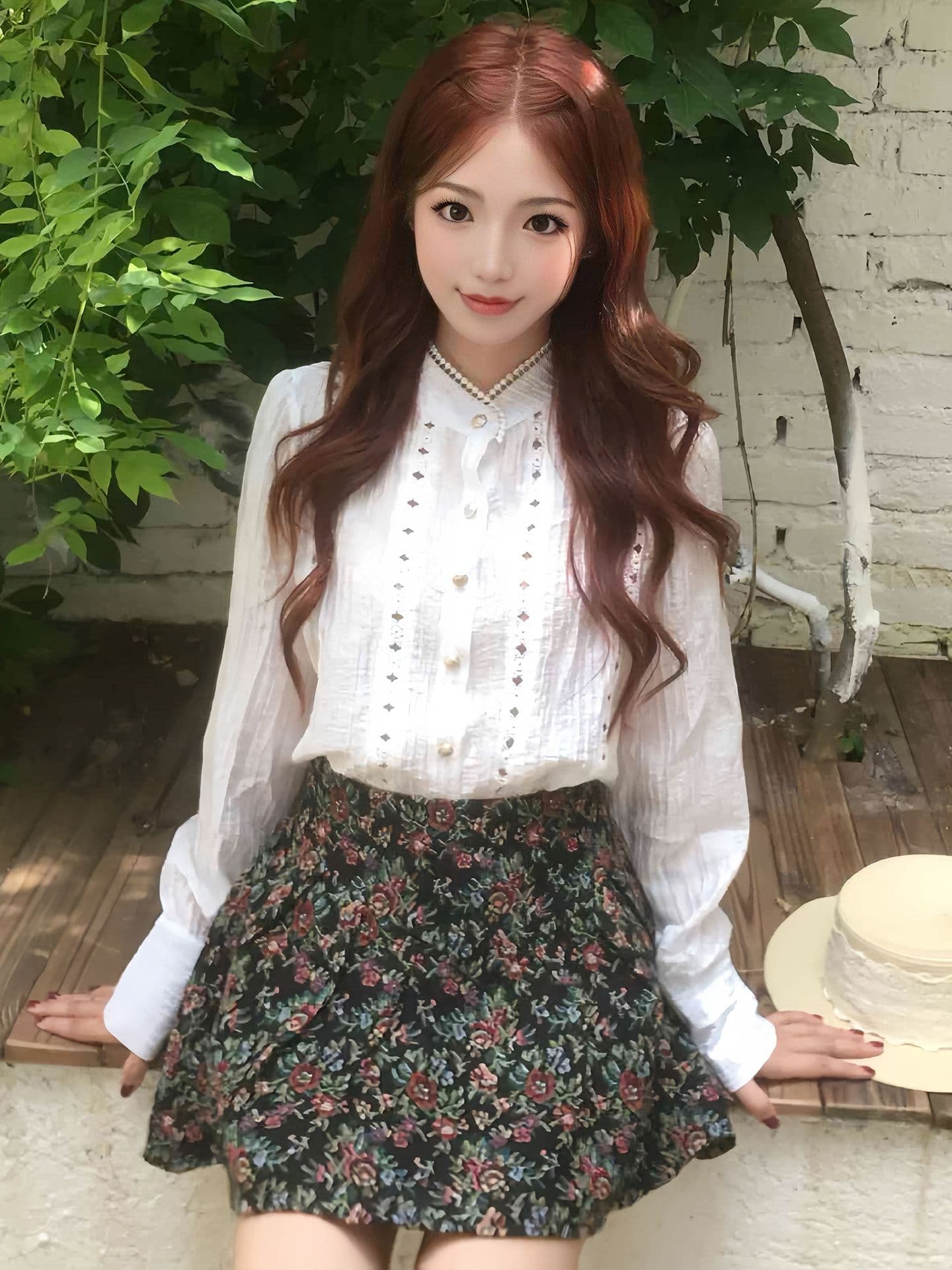 작은 키 착용 가져 가라. 전체 집합 거품 소매 프랑스식 셔츠 코디 꽃무늬 반신 스커트 두 조각 세트 드레스 여성 가을 의상 상세 이미지 2