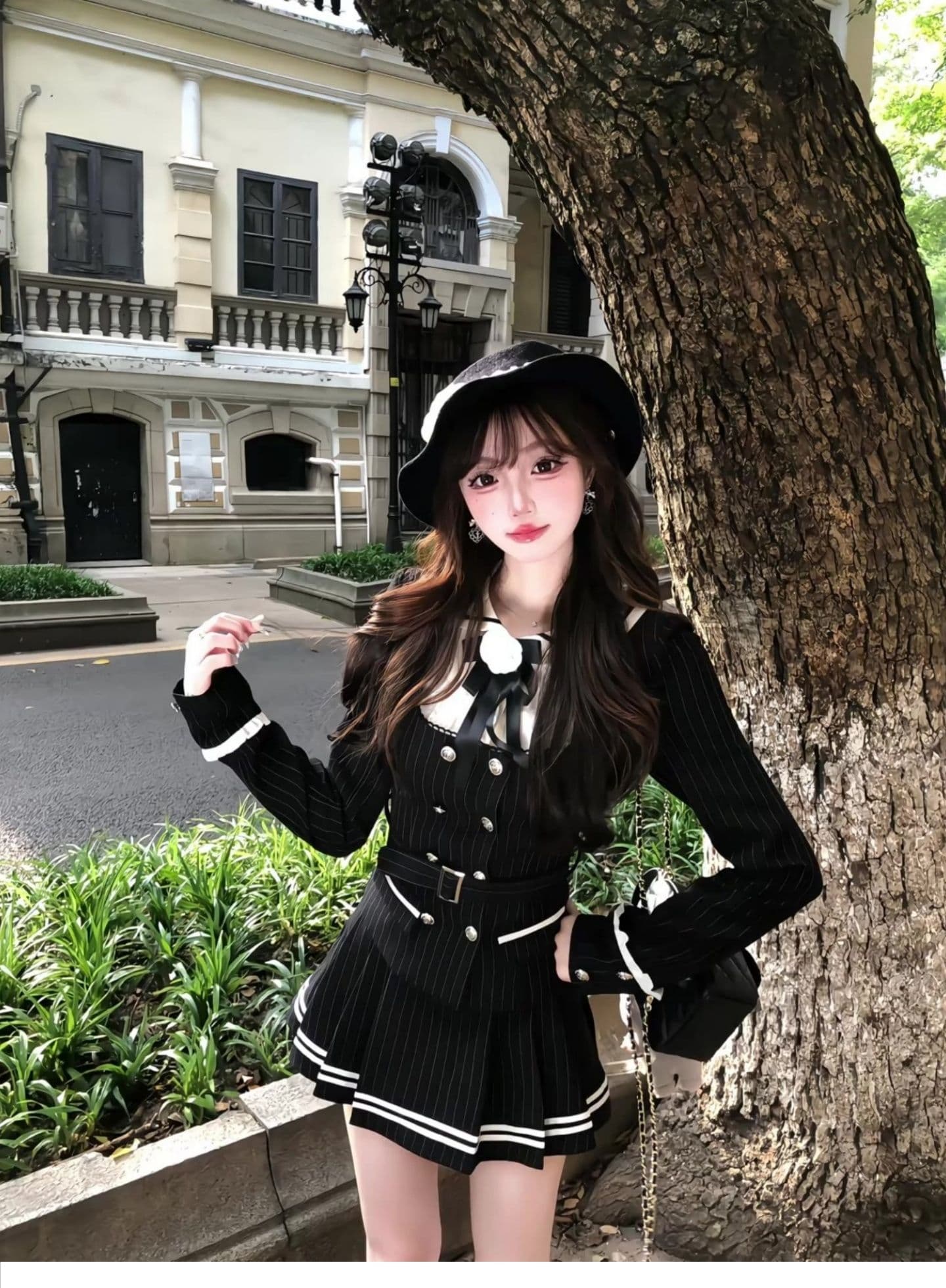 학원 스타일 jk 유니폼 세트 여성 가을 겨울철 자이언트 잘 생긴 천 골드 검정색 긴팔 셔츠 맨위 반신 짧은 치마 상세 이미지 2