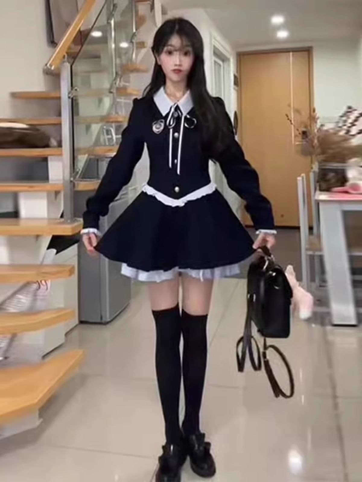 순수한 욕망 달콤함 미니 스커트 가을 겨울 허리 수축 슬림해 보이는 페이크 레이어드 배색 패치워크 POLO 칼라 학원 스타일 여성 드레스 이미지 2