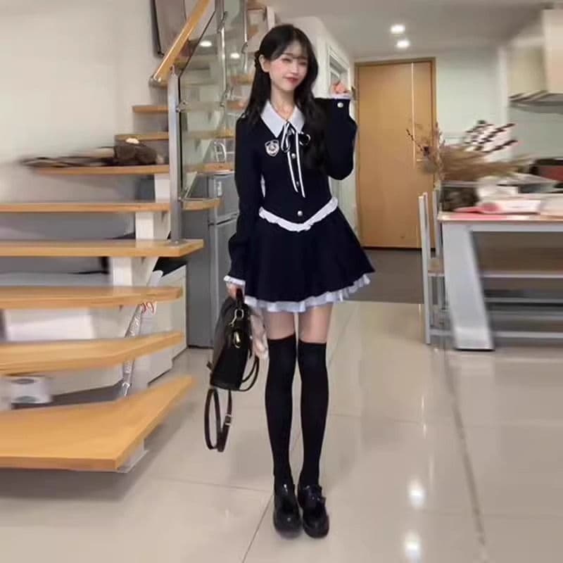 순수한 욕망 달콤함 미니 스커트 가을 겨울 허리 수축 슬림해 보이는 페이크 레이어드 배색 패치워크 POLO 칼라 학원 스타일 여성 드레스 상세 이미지 2