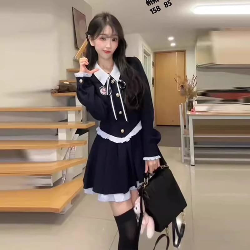 순수한 욕망 달콤함 미니 스커트 가을 겨울 허리 수축 슬림해 보이는 페이크 레이어드 배색 패치워크 POLO 칼라 학원 스타일 여성 드레스 상세 이미지 3