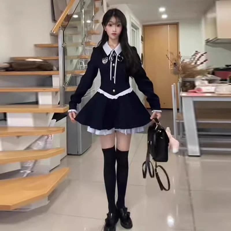순수한 욕망 달콤함 미니 스커트 가을 겨울 허리 수축 슬림해 보이는 페이크 레이어드 배색 패치워크 POLO 칼라 학원 스타일 여성 드레스 상세 이미지 5