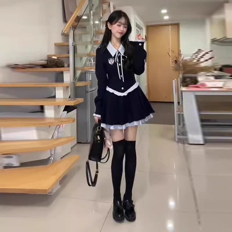순수한 욕망 달콤함 미니 스커트 가을 겨울 허리 수축 슬림해 보이는 페이크 레이어드 배색 패치워크 POLO 칼라 학원 스타일 여성 드레스 상세 이미지 6