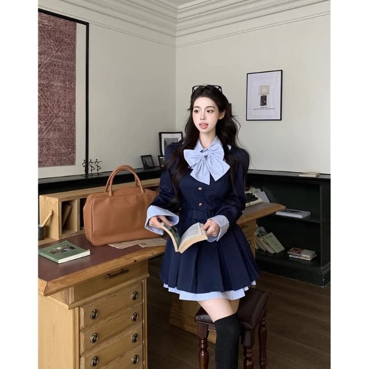 학원 스타일 디자인 센스 나비 매듭 긴팔 여성 드레스 가을 새로운 품격 플리츠 스커트 허리 수축 슬림해 보이는 미니 스커트 이미지 3