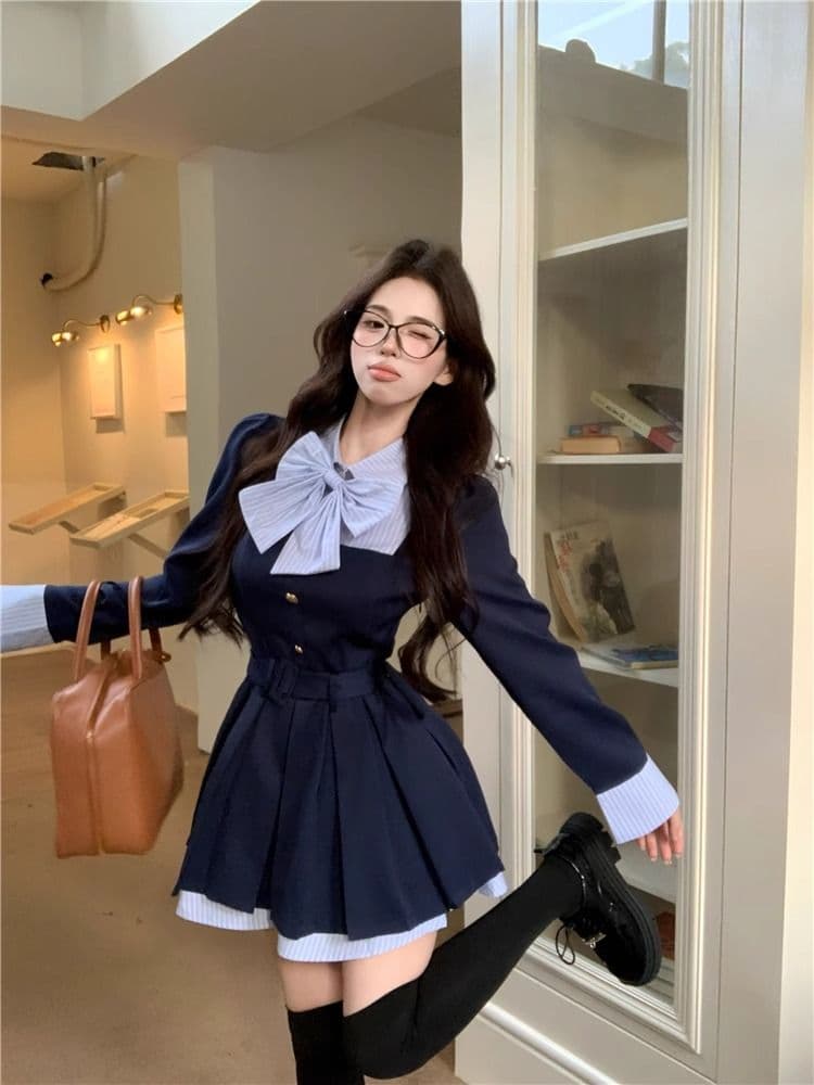 학원 스타일 디자인 센스 나비 매듭 긴팔 여성 드레스 가을 새로운 품격 플리츠 스커트 허리 수축 슬림해 보이는 미니 스커트 상세 이미지 2