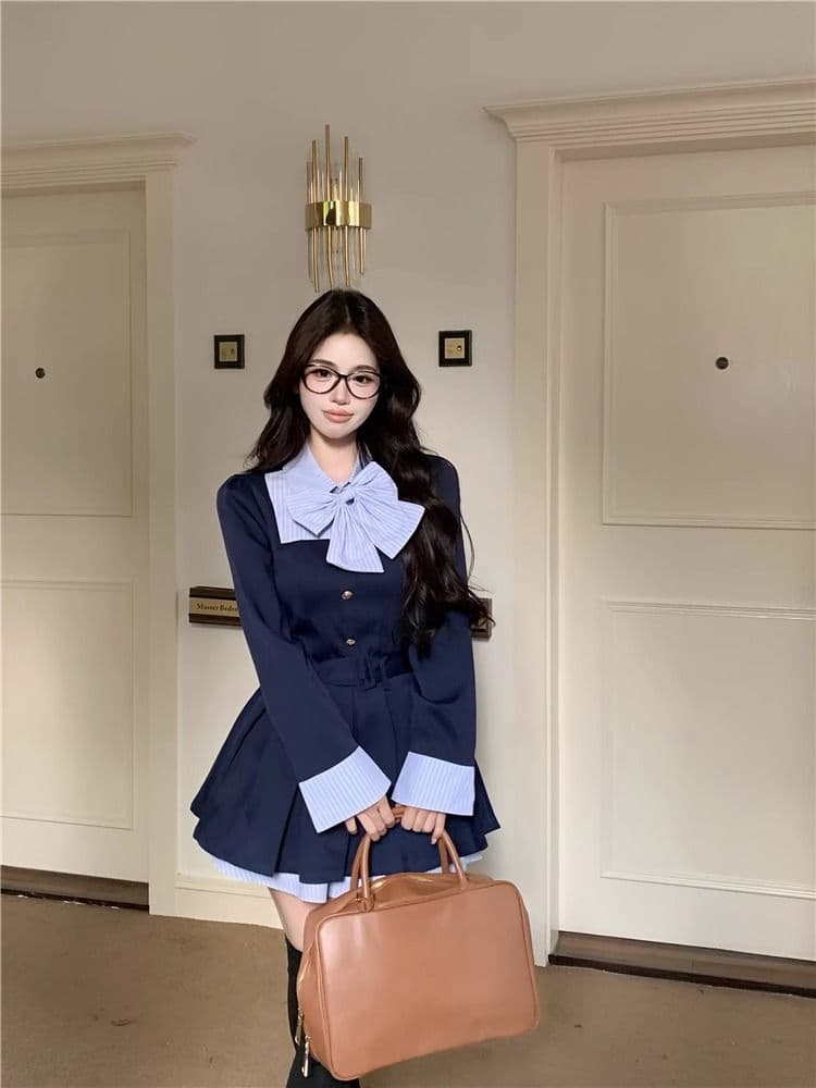 학원 스타일 디자인 센스 나비 매듭 긴팔 여성 드레스 가을 새로운 품격 플리츠 스커트 허리 수축 슬림해 보이는 미니 스커트 상세 이미지 4