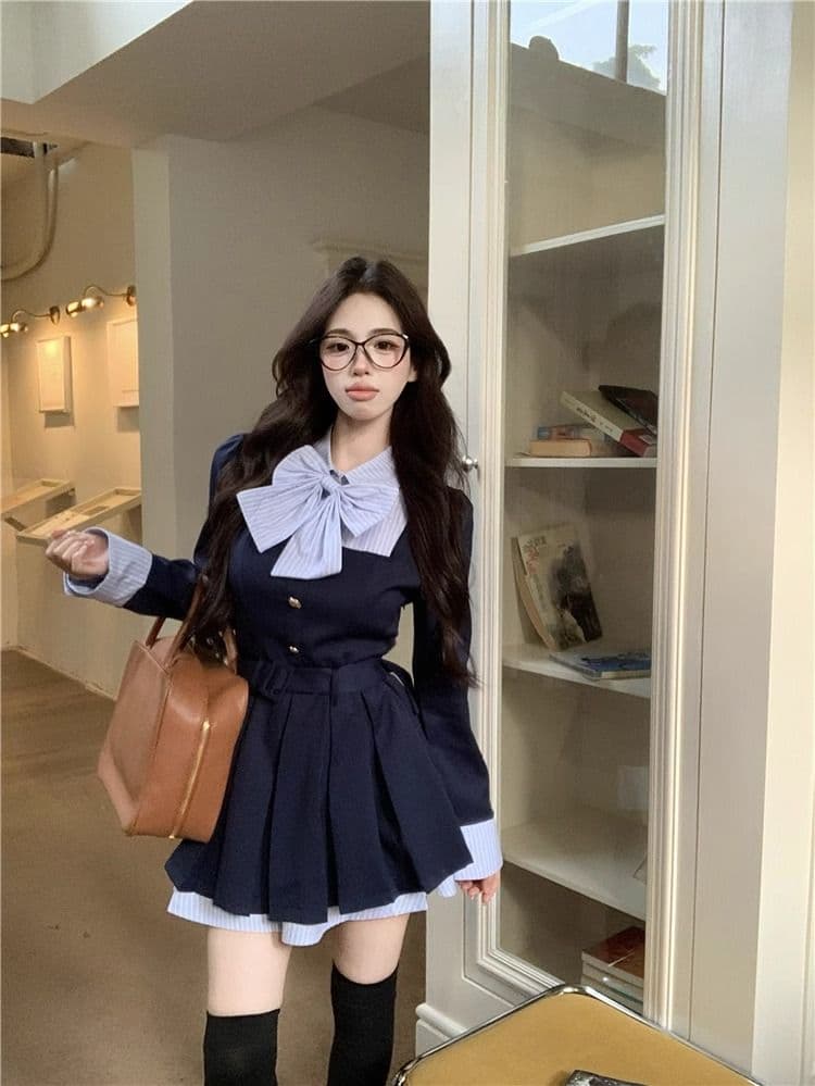 학원 스타일 디자인 센스 나비 매듭 긴팔 여성 드레스 가을 새로운 품격 플리츠 스커트 허리 수축 슬림해 보이는 미니 스커트 상세 이미지 5