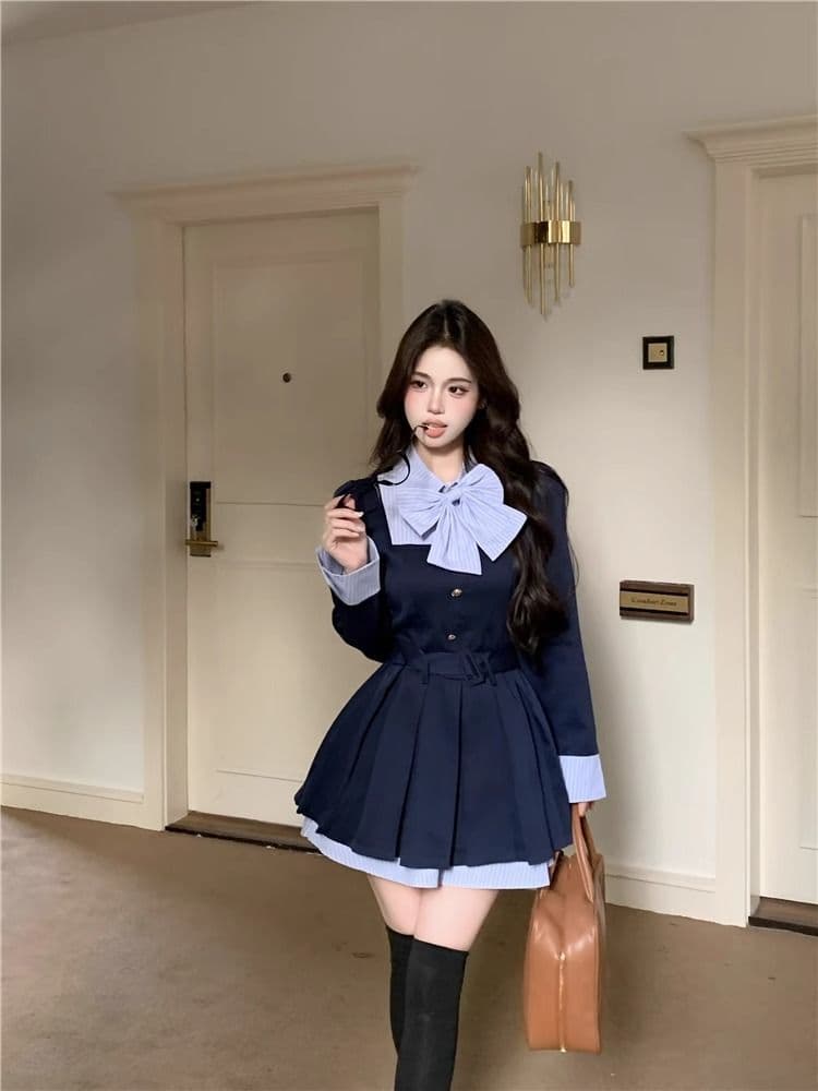 학원 스타일 디자인 센스 나비 매듭 긴팔 여성 드레스 가을 새로운 품격 플리츠 스커트 허리 수축 슬림해 보이는 미니 스커트 상세 이미지 6
