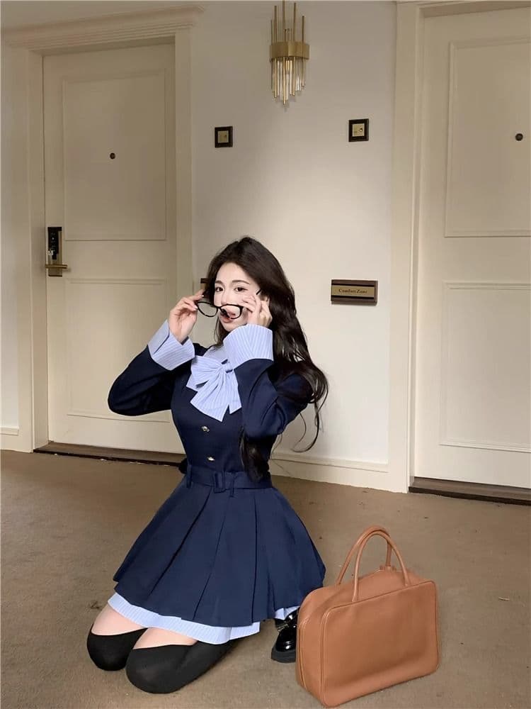 학원 스타일 디자인 센스 나비 매듭 긴팔 여성 드레스 가을 새로운 품격 플리츠 스커트 허리 수축 슬림해 보이는 미니 스커트 상세 이미지 7