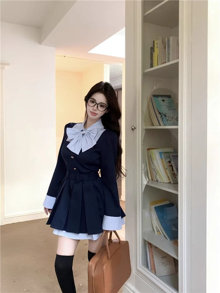 학원 스타일 디자인 센스 나비 매듭 긴팔 여성 드레스 가을 새로운 품격 플리츠 스커트 허리 수축 슬림해 보이는 미니 스커트 상세 이미지 8