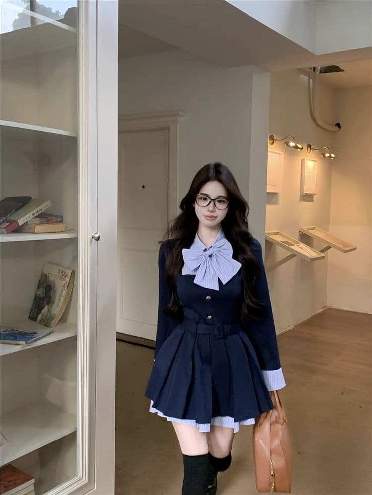 학원 스타일 디자인 센스 나비 매듭 긴팔 여성 드레스 가을 새로운 품격 플리츠 스커트 허리 수축 슬림해 보이는 미니 스커트 상세 이미지 9