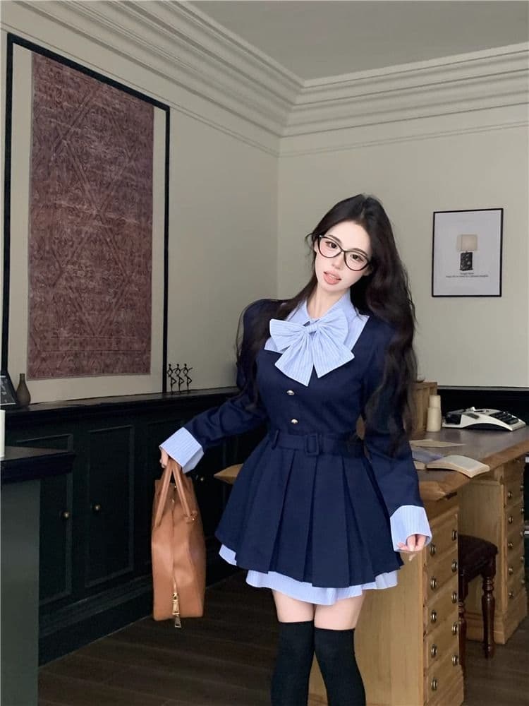 학원 스타일 디자인 센스 나비 매듭 긴팔 여성 드레스 가을 새로운 품격 플리츠 스커트 허리 수축 슬림해 보이는 미니 스커트 상세 이미지 10