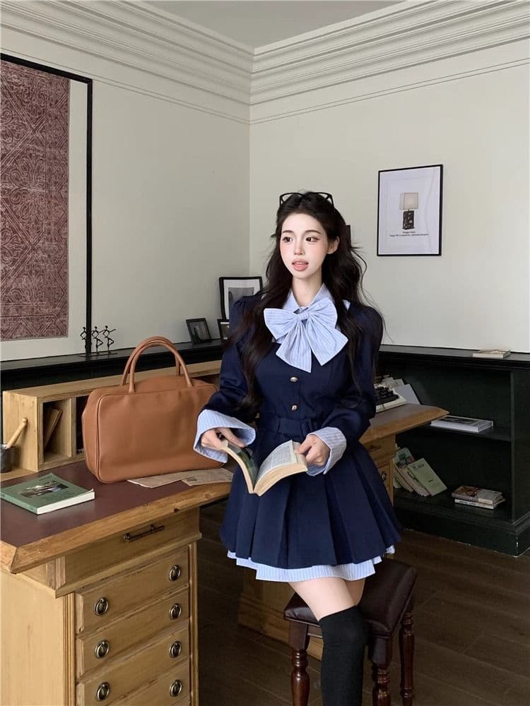 학원 스타일 디자인 센스 나비 매듭 긴팔 여성 드레스 가을 새로운 품격 플리츠 스커트 허리 수축 슬림해 보이는 미니 스커트 상세 이미지 11