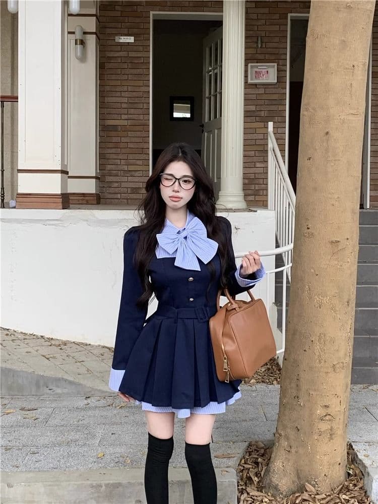 학원 스타일 디자인 센스 나비 매듭 긴팔 여성 드레스 가을 새로운 품격 플리츠 스커트 허리 수축 슬림해 보이는 미니 스커트 상세 이미지 13