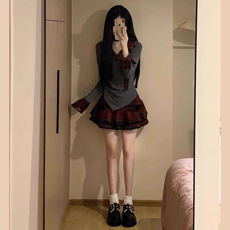 이른 가을 아메리칸 달콤한 핫걸 체크무늬 여성 드레스 여름 2026 새로운 학원 스타일 공주 퍼프 미니 스커트 세트