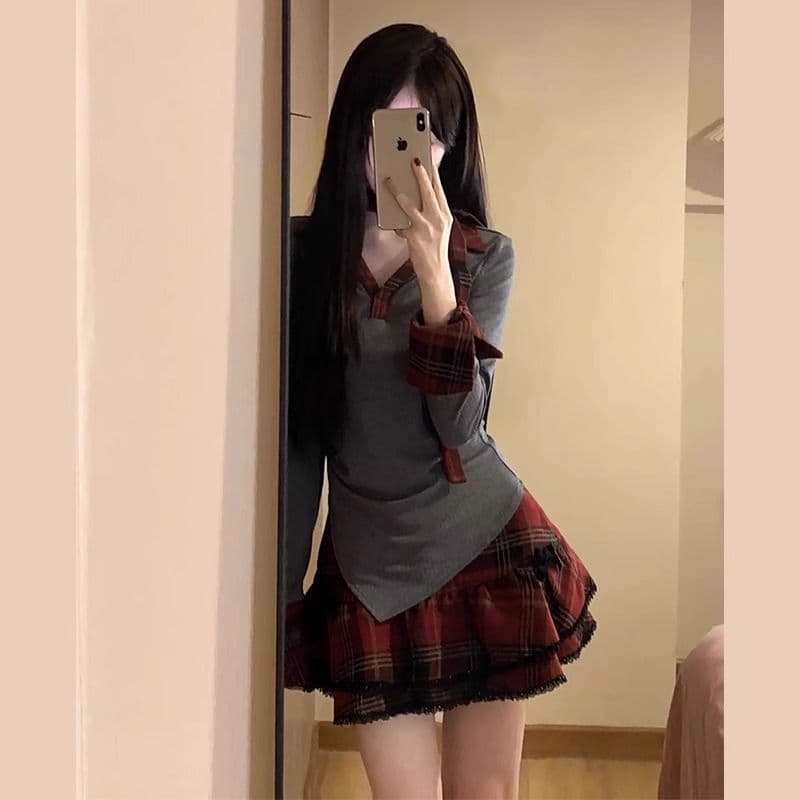 이른 가을 아메리칸 달콤한 핫걸 체크무늬 여성 드레스 여름 2026 새로운 학원 스타일 공주 퍼프 미니 스커트 세트 이미지 2