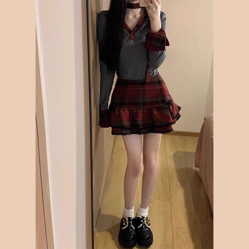 이른 가을 아메리칸 달콤한 핫걸 체크무늬 여성 드레스 여름 2026 새로운 학원 스타일 공주 퍼프 미니 스커트 세트 이미지 4