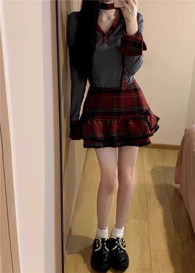 이른 가을 아메리칸 달콤한 핫걸 체크무늬 여성 드레스 여름 2026 새로운 학원 스타일 공주 퍼프 미니 스커트 세트 상세 이미지 7