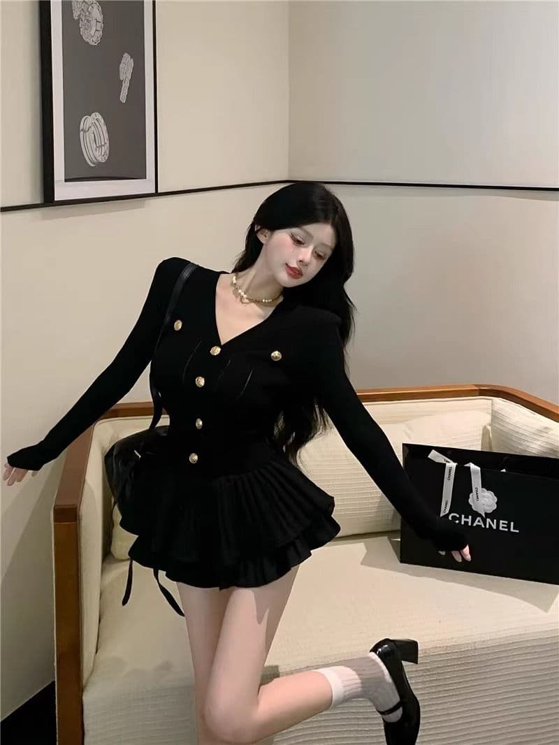 작은 샤넬 스타일 화이트 순수한 색 욕망 슬림해 보이는 핫걸 세트 여성 가을 긴팔 니트 스웨터 맨위 반신 치마 투피스 세트 상세 이미지 9