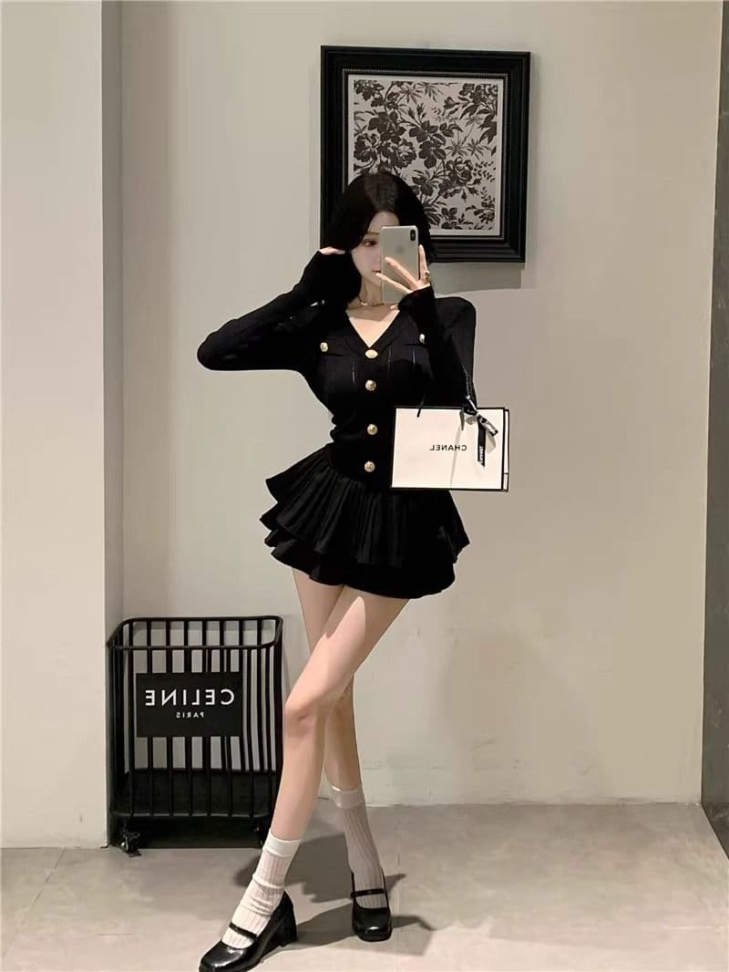 작은 샤넬 스타일 화이트 순수한 색 욕망 슬림해 보이는 핫걸 세트 여성 가을 긴팔 니트 스웨터 맨위 반신 치마 투피스 세트 상세 이미지 13