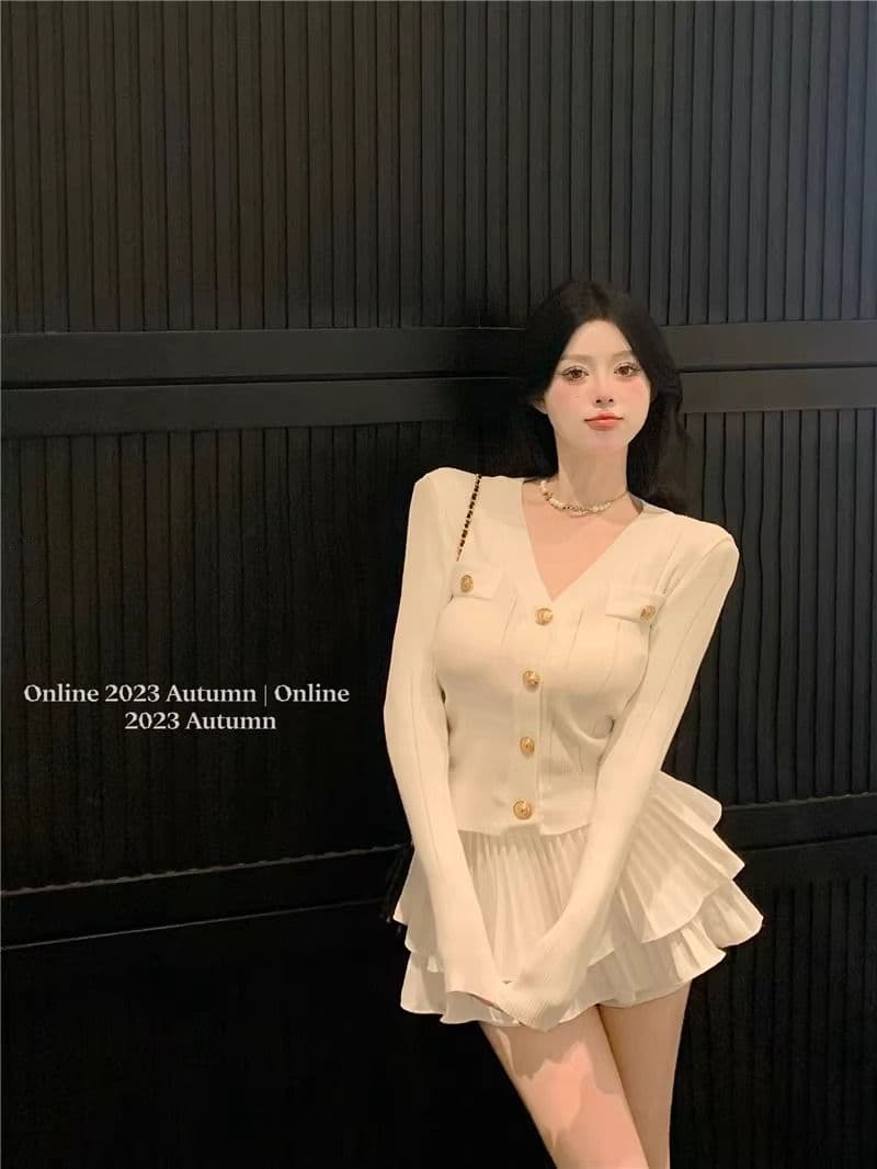 작은 샤넬 스타일 화이트 순수한 색 욕망 슬림해 보이는 핫걸 세트 여성 가을 긴팔 니트 스웨터 맨위 반신 치마 투피스 세트 상세 이미지 21