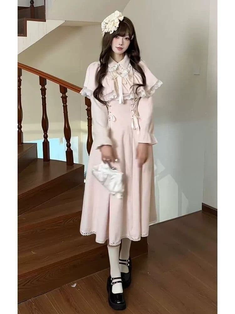 세트 인사이드 부드러운 달콤함 요정 부서 길다 치마 2026 가을 새로운 우아함 일본식 망토 페이크 레이어드 드레스 상세 이미지 10