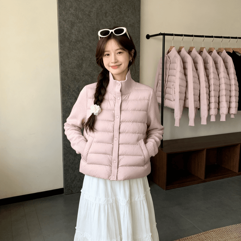 실사 한 부서 레트로 니트 패치워크 스탠드 칼라 얇고 가벼운 면 의류 겨울 새로운 고급 센스 보온 쇼트 스타일 면 옷 여성 상세 이미지 12