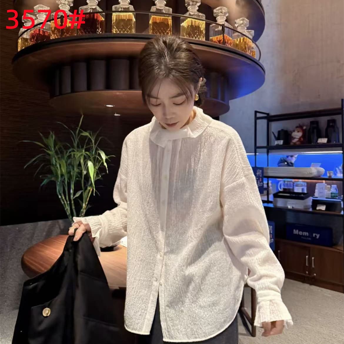 셔츠 단색 스탠드 칼라 화이트 양모 셔츠 긴팔 레트로 가을 의상 패션 봄 이미지 2
