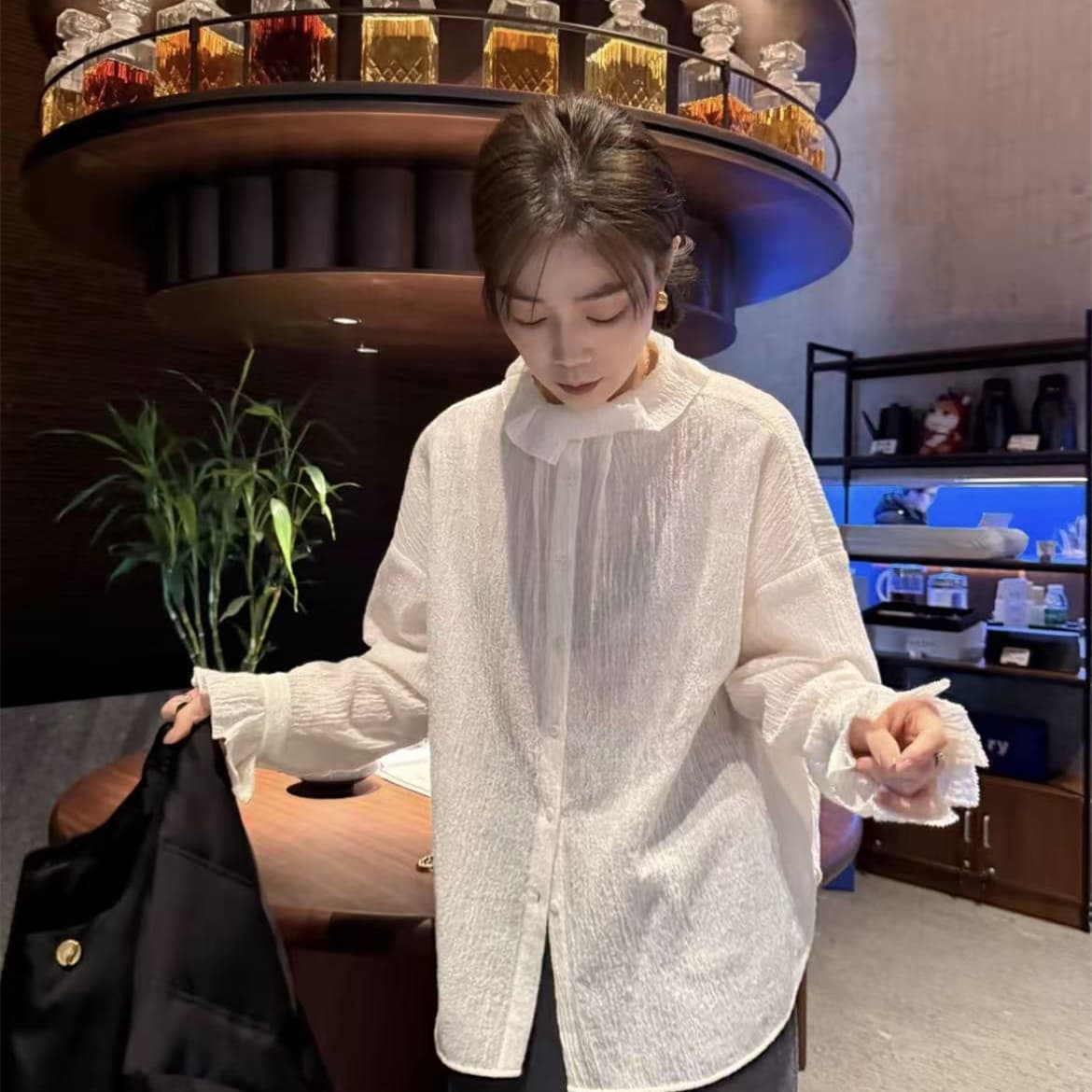 셔츠 단색 스탠드 칼라 화이트 양모 셔츠 긴팔 레트로 가을 의상 패션 봄 이미지 3
