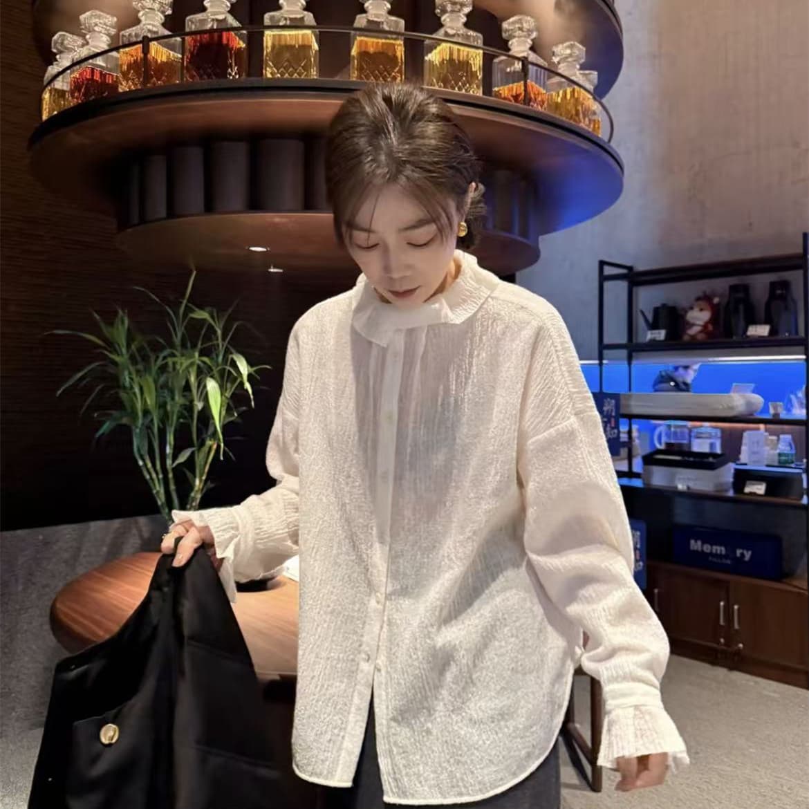 셔츠 단색 스탠드 칼라 화이트 양모 셔츠 긴팔 레트로 가을 의상 패션 봄 상세 이미지 1