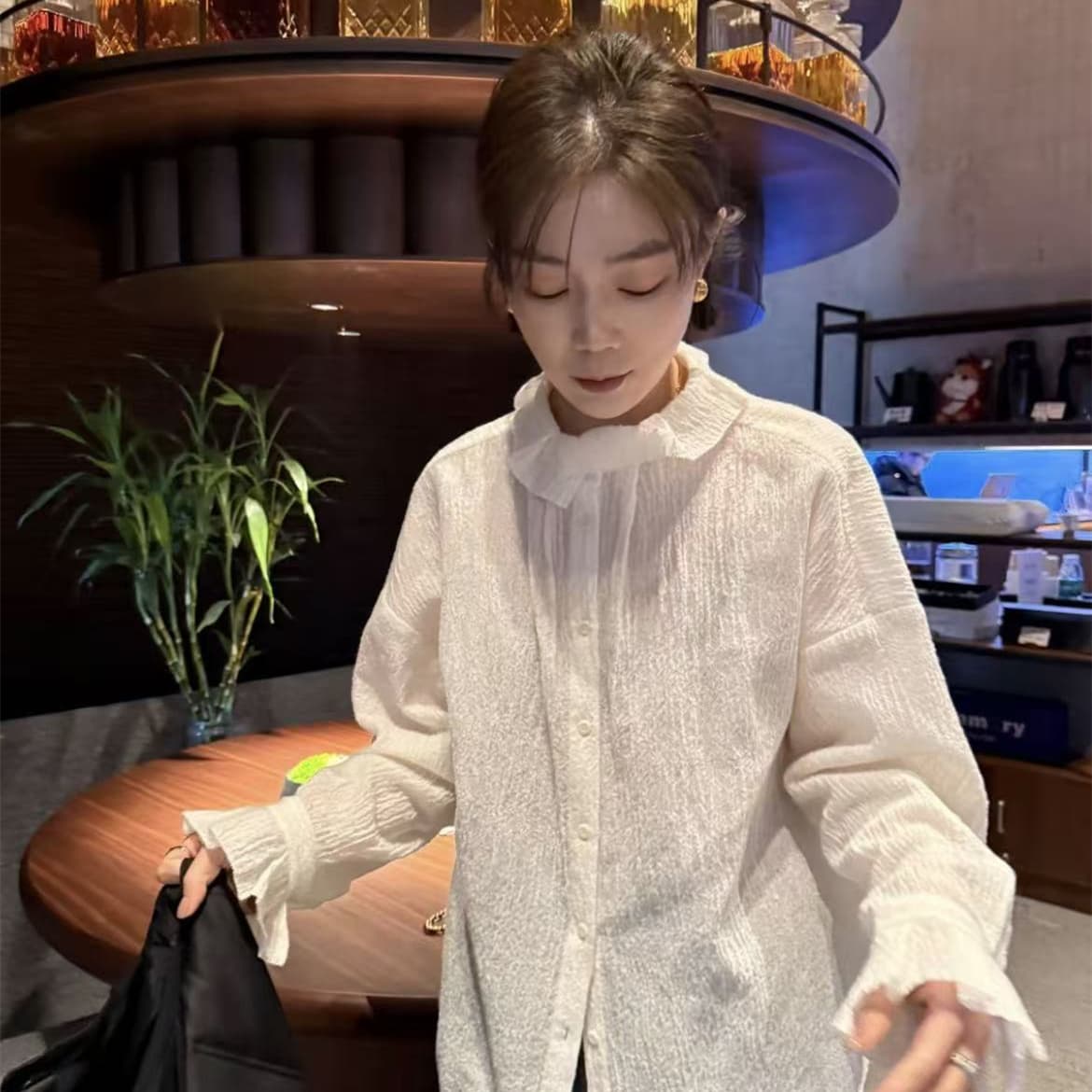 셔츠 단색 스탠드 칼라 화이트 양모 셔츠 긴팔 레트로 가을 의상 패션 봄 상세 이미지 3