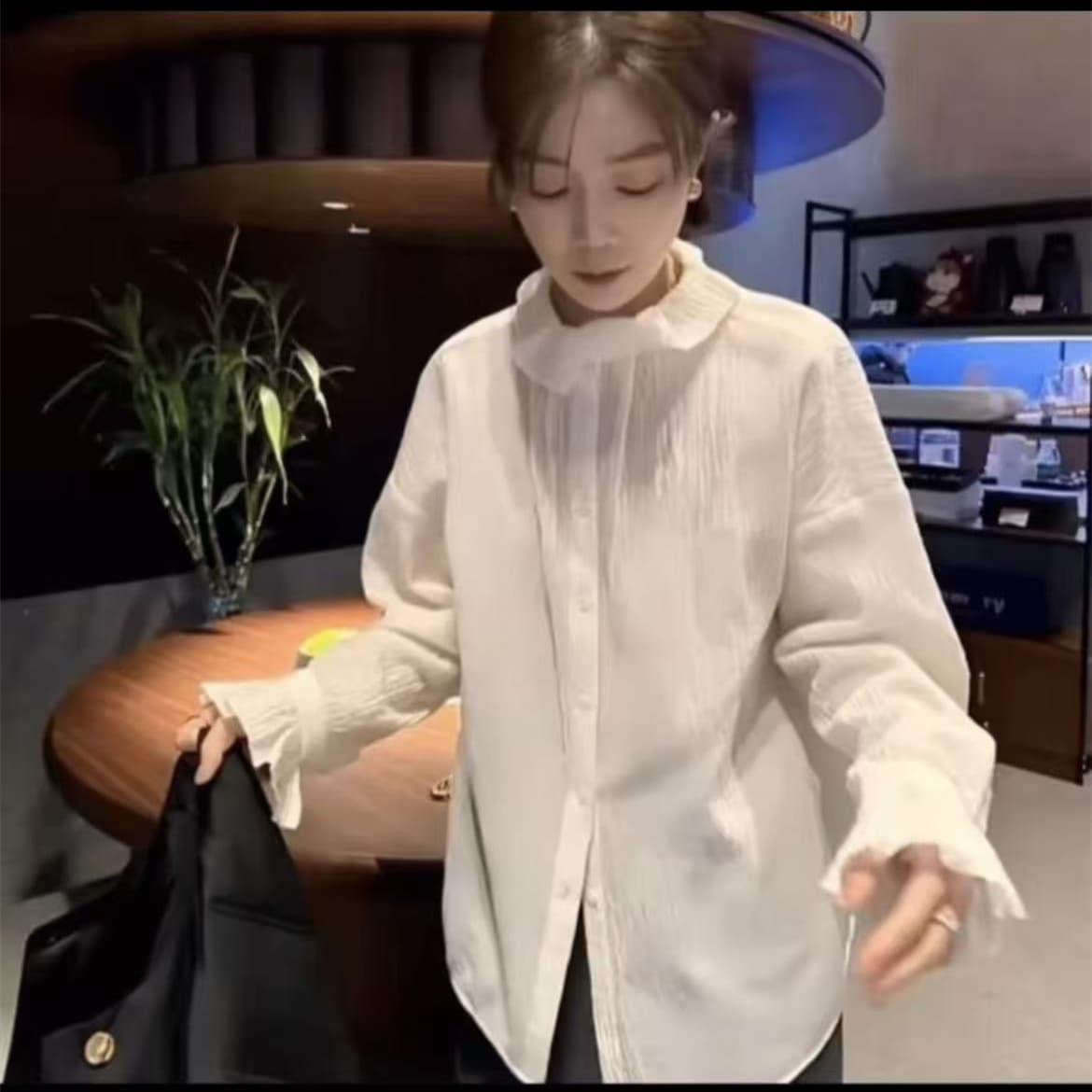 셔츠 단색 스탠드 칼라 화이트 양모 셔츠 긴팔 레트로 가을 의상 패션 봄 상세 이미지 4