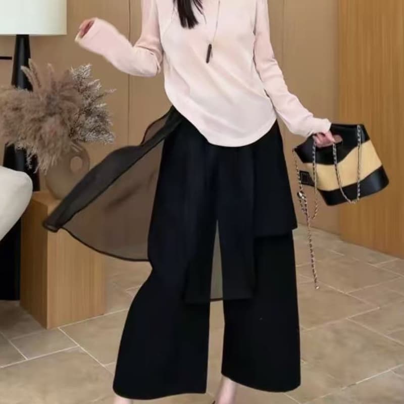 2026 봄 오리지널 맞춤 익스트림 제인 다용도 디자이너 섹션 페이크 레이어드 와이드 레그 팬츠 상세 이미지 6