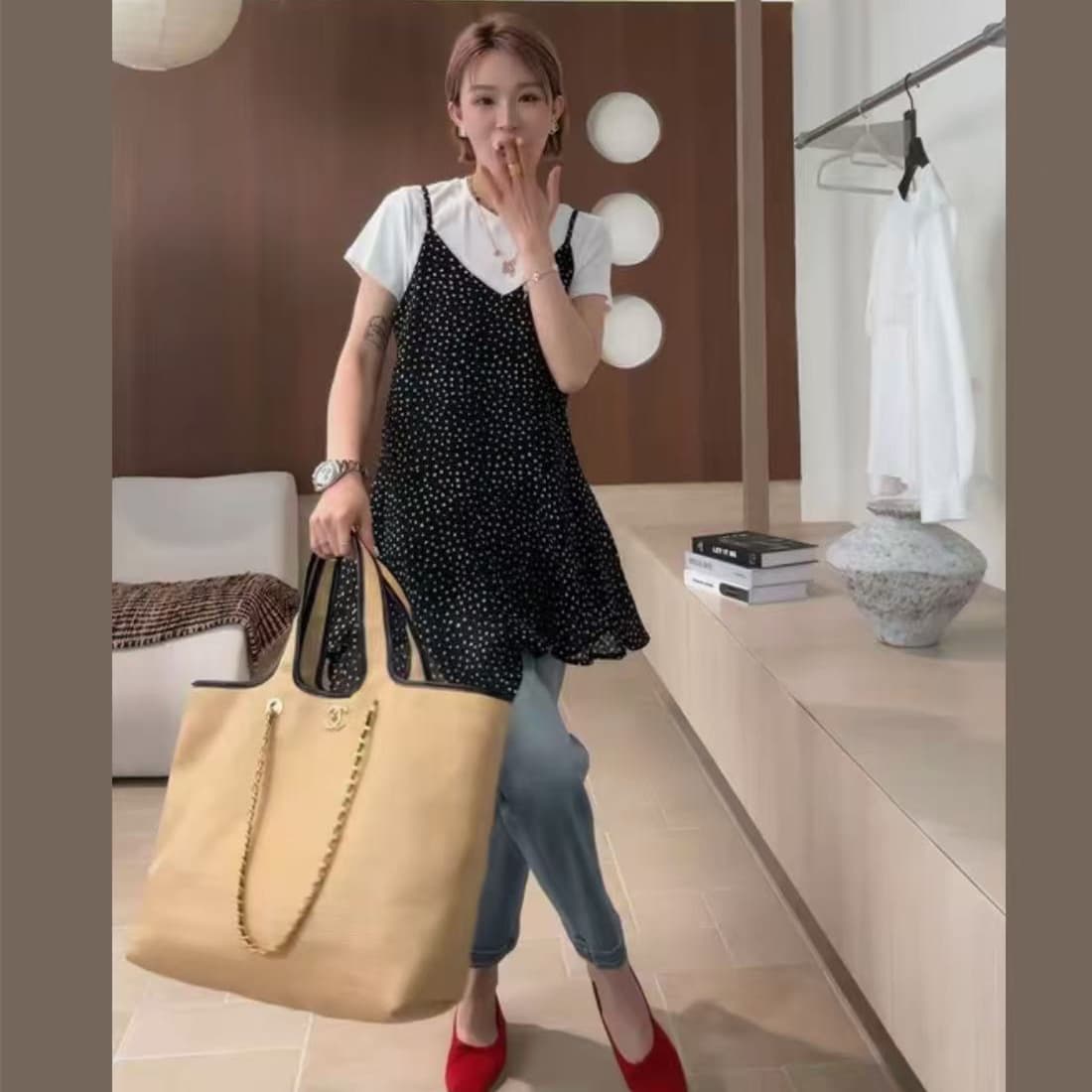 여름 패션 외국 가스 레트로 도트 무늬 루즈핏 슬림해 보이는 슬립 드레스 상세 이미지 5