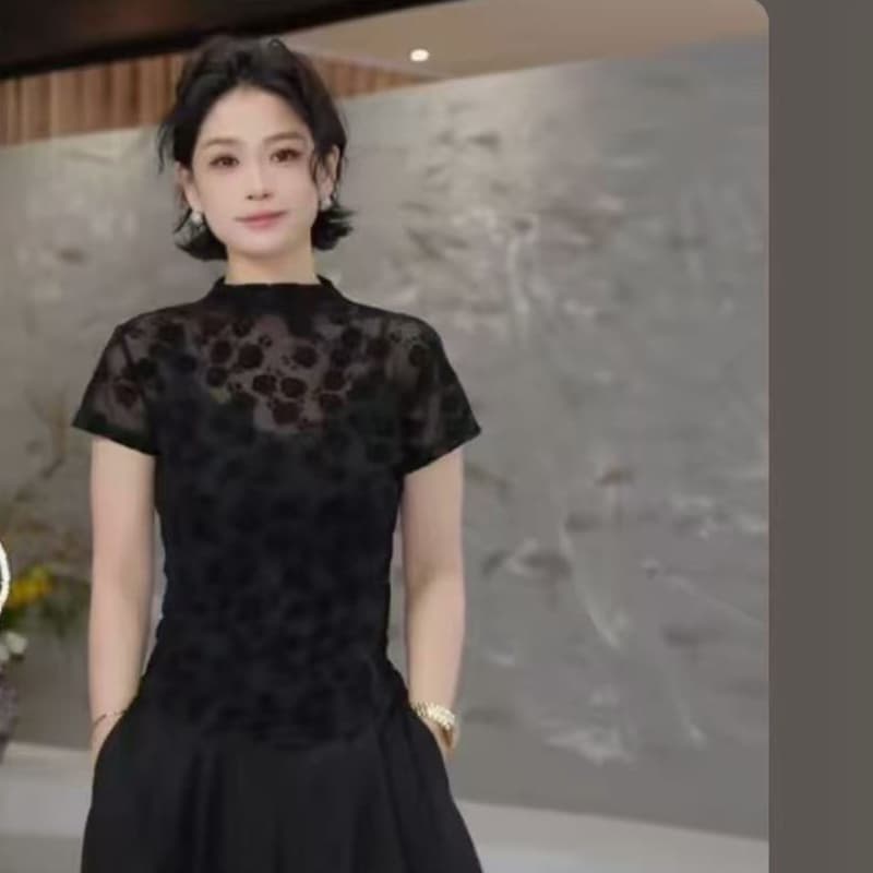 식물 플러시 장미 2026 봄 새로운 오래된 돈 바람 망사 레트로 식물 플러시 작은 장미 반팔 티셔츠 이미지 4