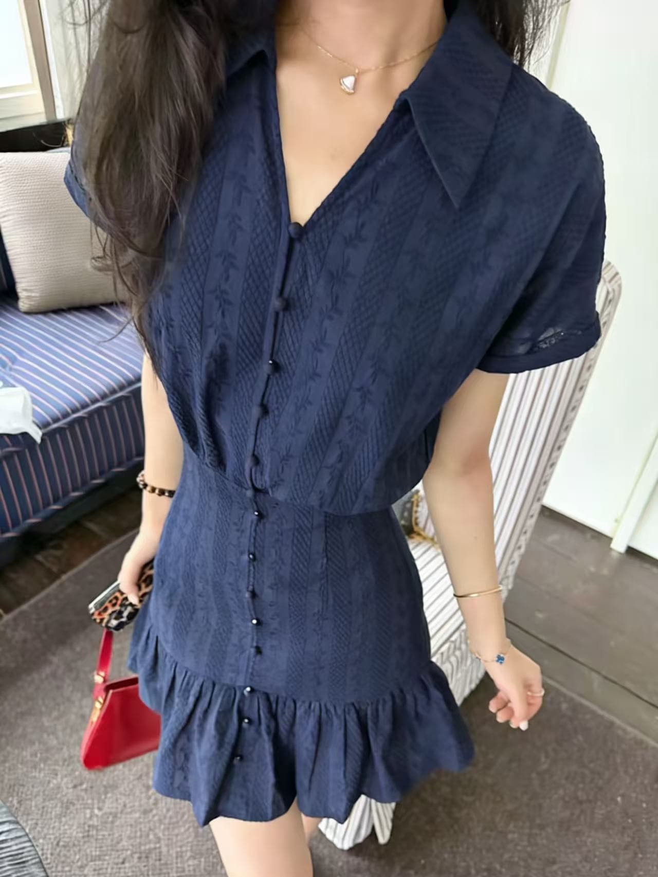 블루스 참고 해군 miu 부서 3 차원 자카드 소녀 센스 연령 감소 프랑스식 허리 수축 드레스 상세 이미지 5