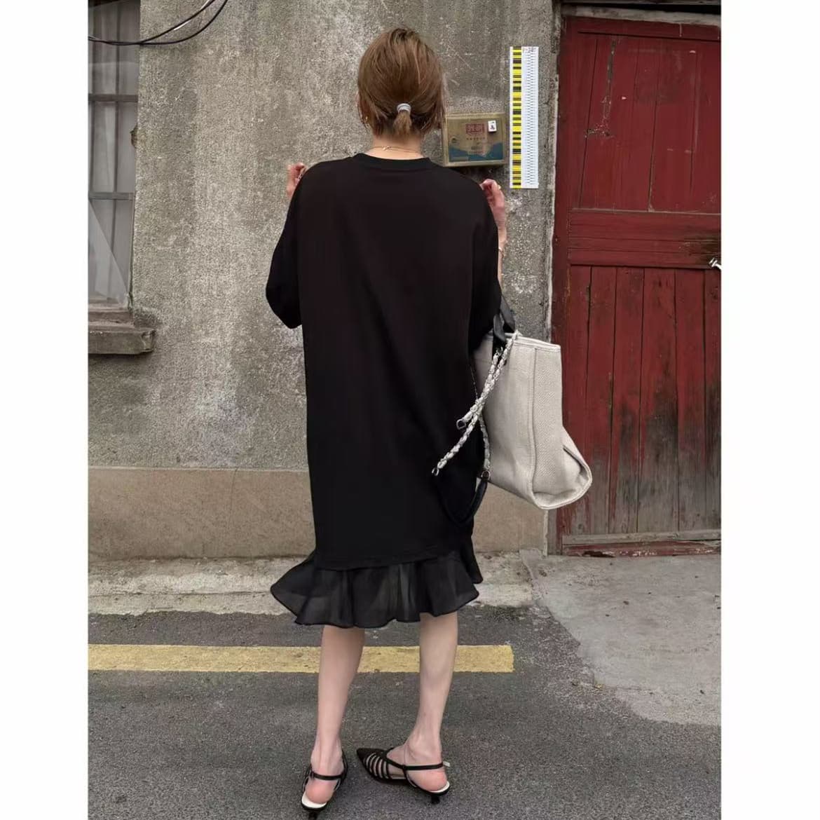 봄 새로운 한 부서 프린트 반팔 티셔츠 꽃잎 치마 여성 연령 감소 슬림해 보이는 중간 길이 치마 이미지 4