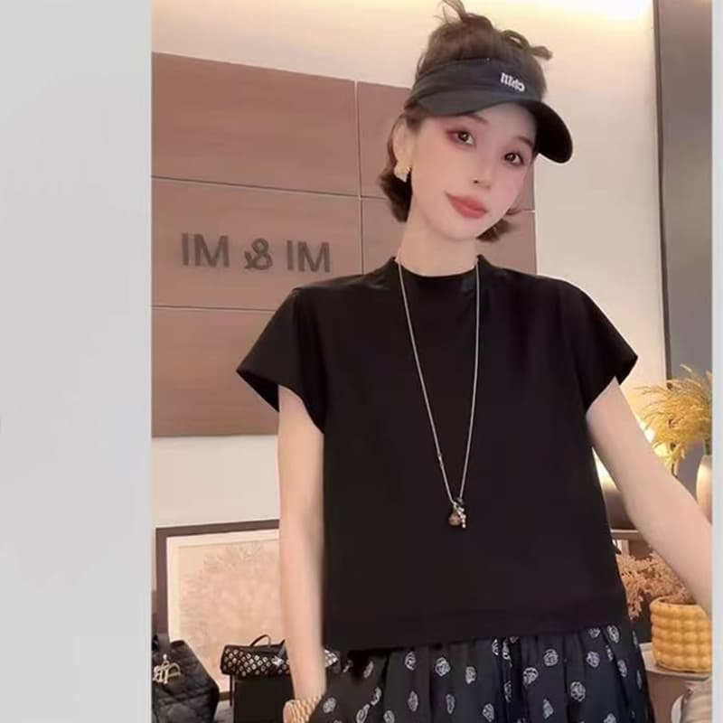 여름 새로운 미니멀리즘 출퇴근 바람 작은 반쪽 터틀넥 쇼트 스타일 다용도 반팔 t 이미지 4