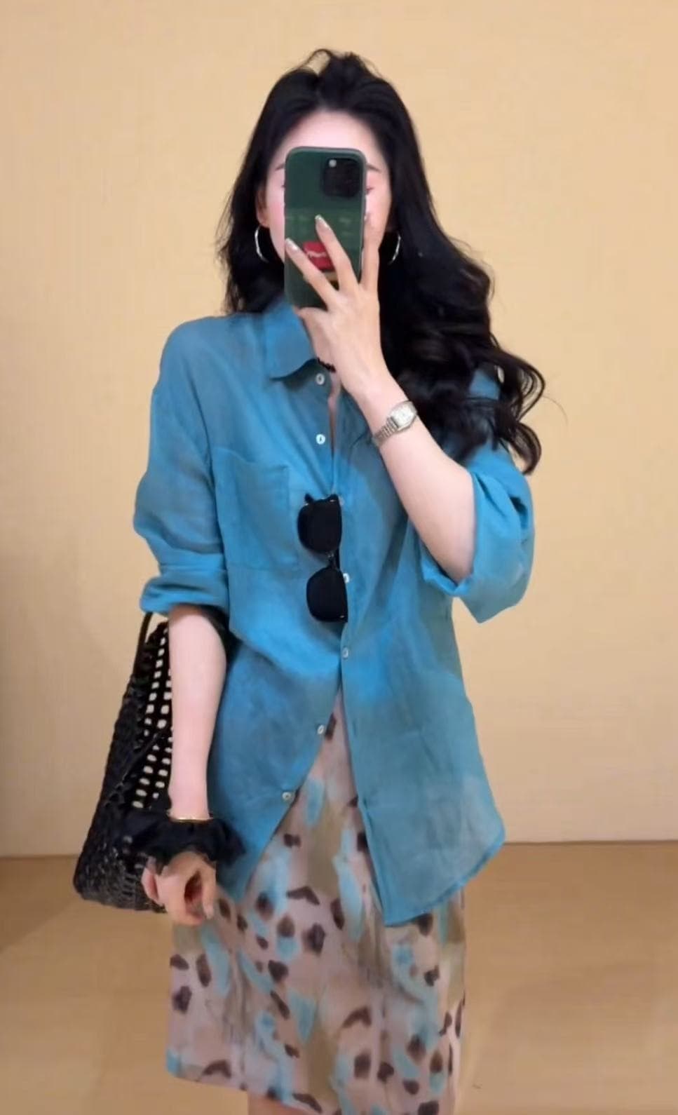 오래된 돈 바람 느슨함 센스 셔츠 유럽 상품 수묵화 색상 프린트 반신 A라인 스커트 상세 이미지 1