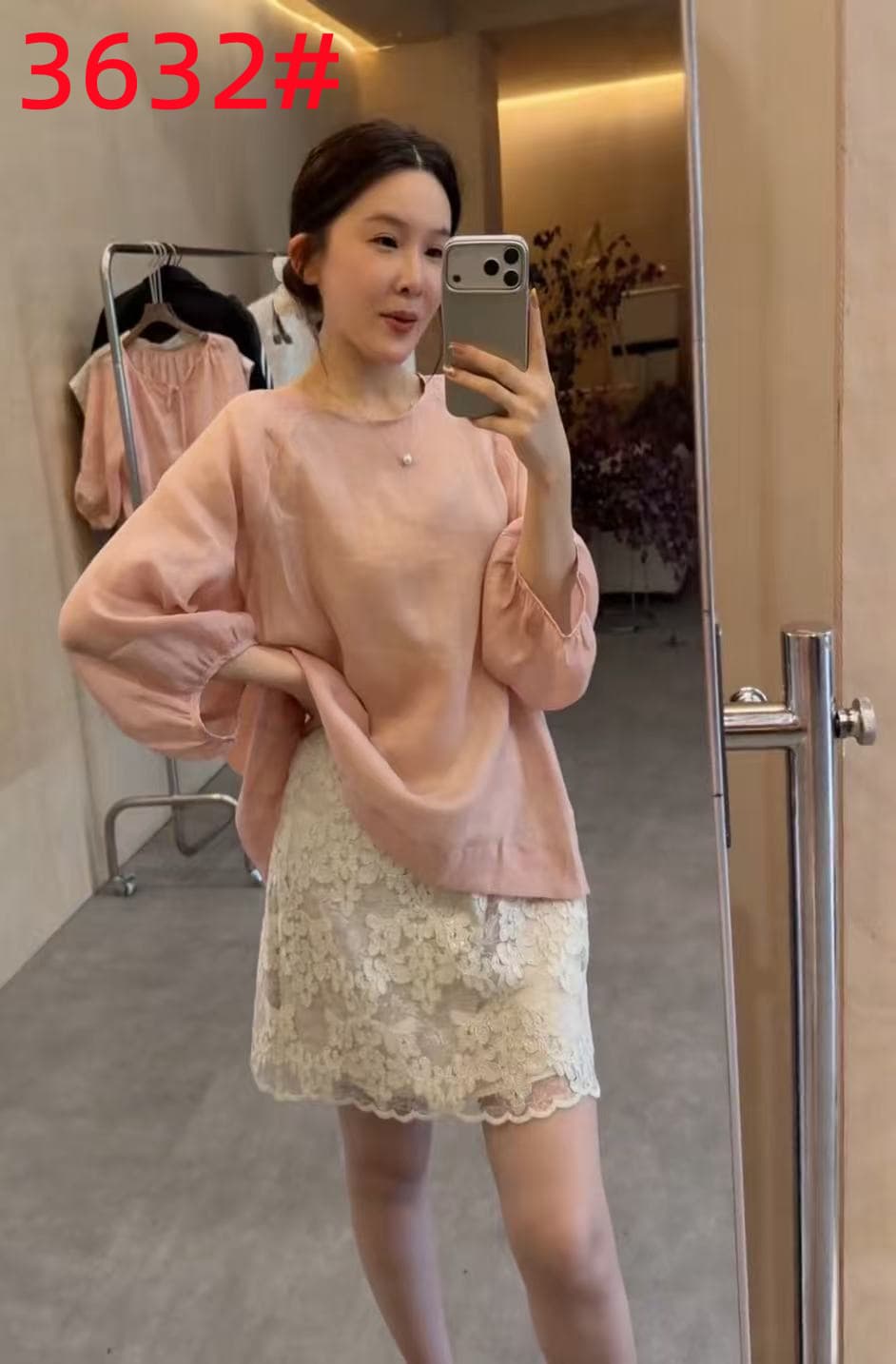 한 부서 뒤로 트임 루즈핏 맨위 무거운 작업 스팽글 레이스 허리밴드 반 스커트 세트 이미지 2