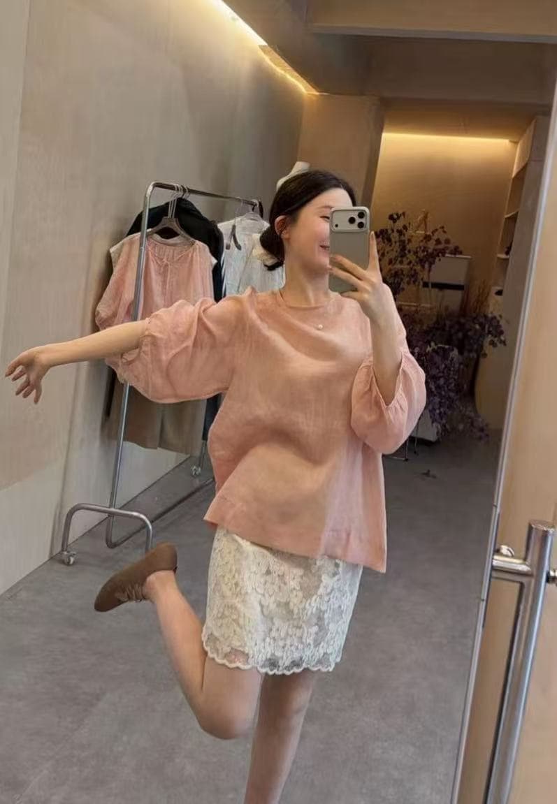 한 부서 뒤로 트임 루즈핏 맨위 무거운 작업 스팽글 레이스 허리밴드 반 스커트 세트 상세 이미지 4