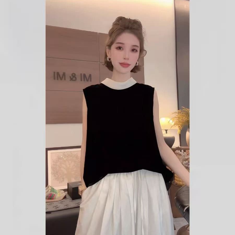 2026 여름 새로운 프랑스식 빛 럭셔리 폴로 칼라 민소매 맨위 상세 이미지 1