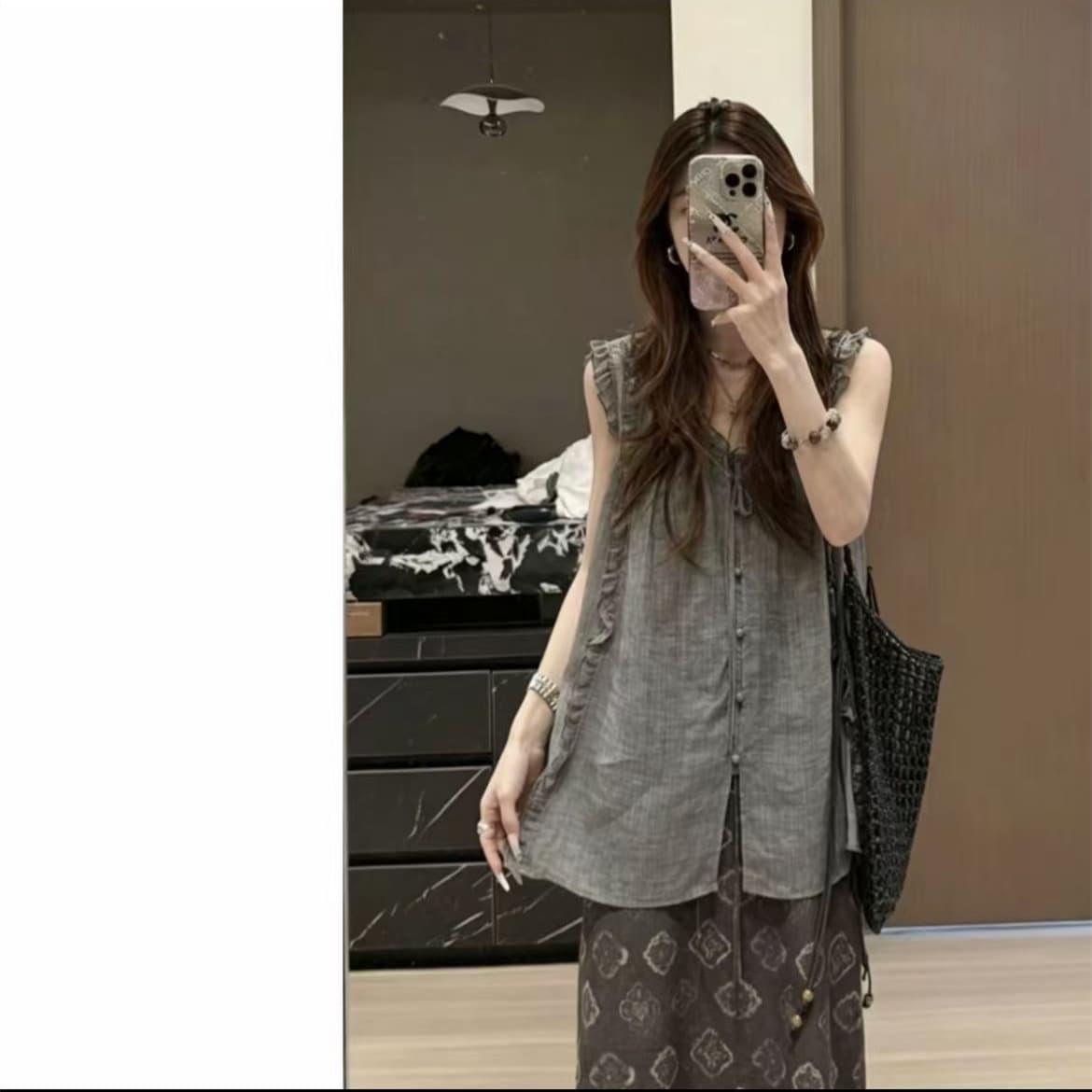 빛 산소 질감 주간 실크 얼어서 고움 귀 민소매 작은 셔츠 레트로 감기 센스 프린트 반신 스커트 이미지 3