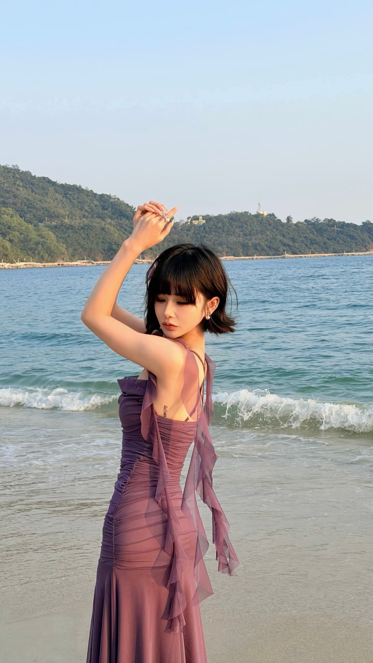 섹시함 순수한 욕망 광장 칼라 망사 슬립 보라색 드레스 여름 백리스 타이트 스커트 롱 스커트 휴가 치마 해변가 이미지 4
