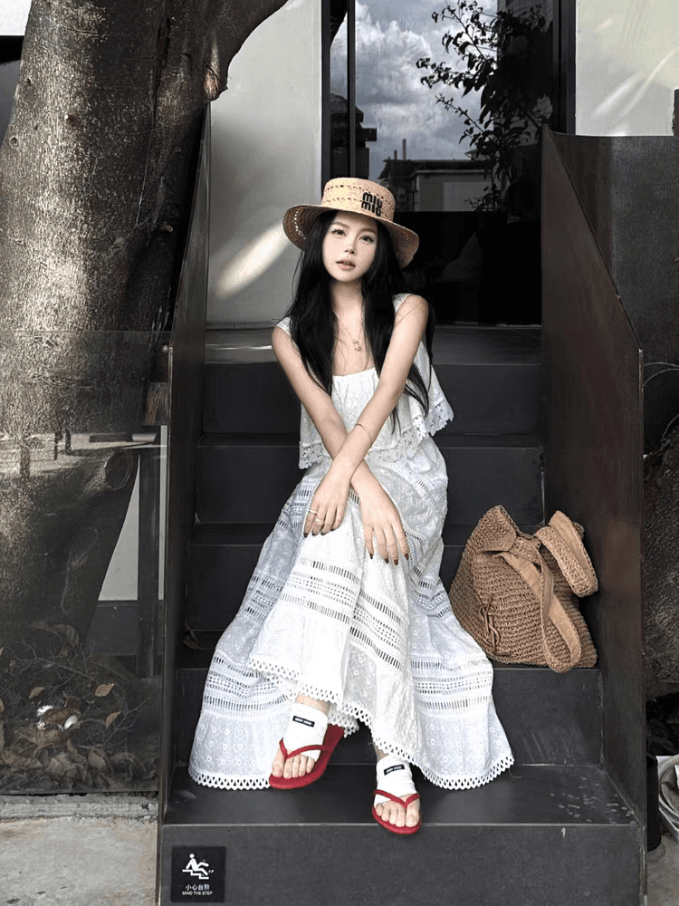 화이트 홀로우 아웃 자수 레이스 면직물 슬립 레이스 맨위 반신 스커트 해변가 휴가 요정 치마 세트 이미지 2