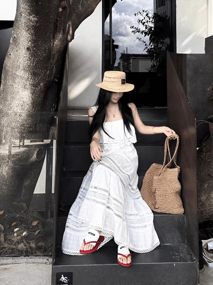 화이트 홀로우 아웃 자수 레이스 면직물 슬립 레이스 맨위 반신 스커트 해변가 휴가 요정 치마 세트 상세 이미지 4
