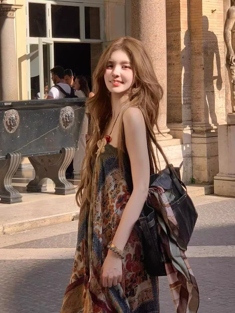 보헤미안 민족 스타일 프린트 슬립 드레스 여성 루즈핏 캐주얼 휴가 롱 스커트 상세 이미지 2
