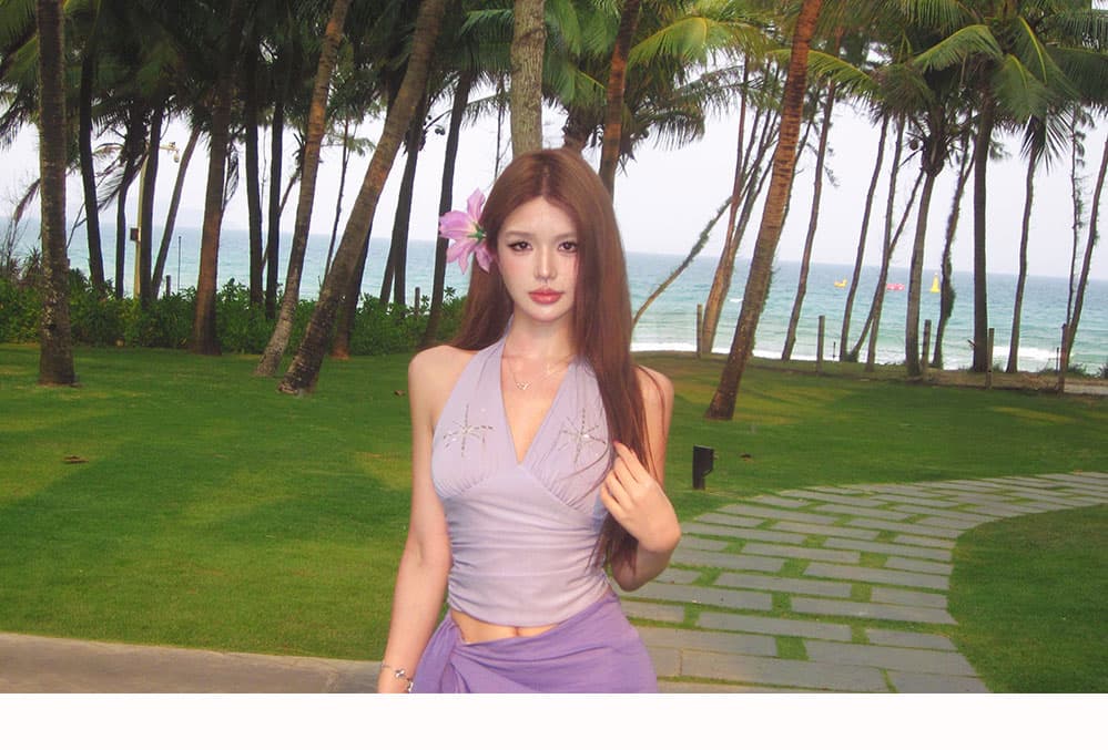 섹시함 핫걸 바람 보라색 행침 목 백리스 슬립 맨위 여성 여름 새로운 로우 웨이스트 레이스업 타이트 스커트 롱 스커트 세트 상세 이미지 9